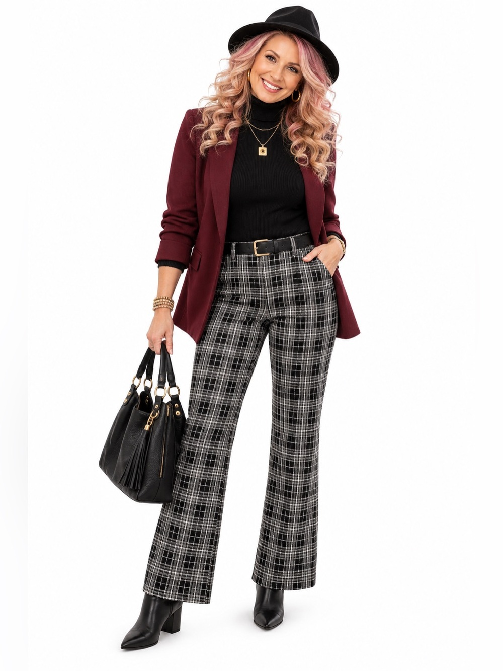 Joseph Ribkoff Black White Plaid Knit Pants Size 12 Straight Leg Pull-On